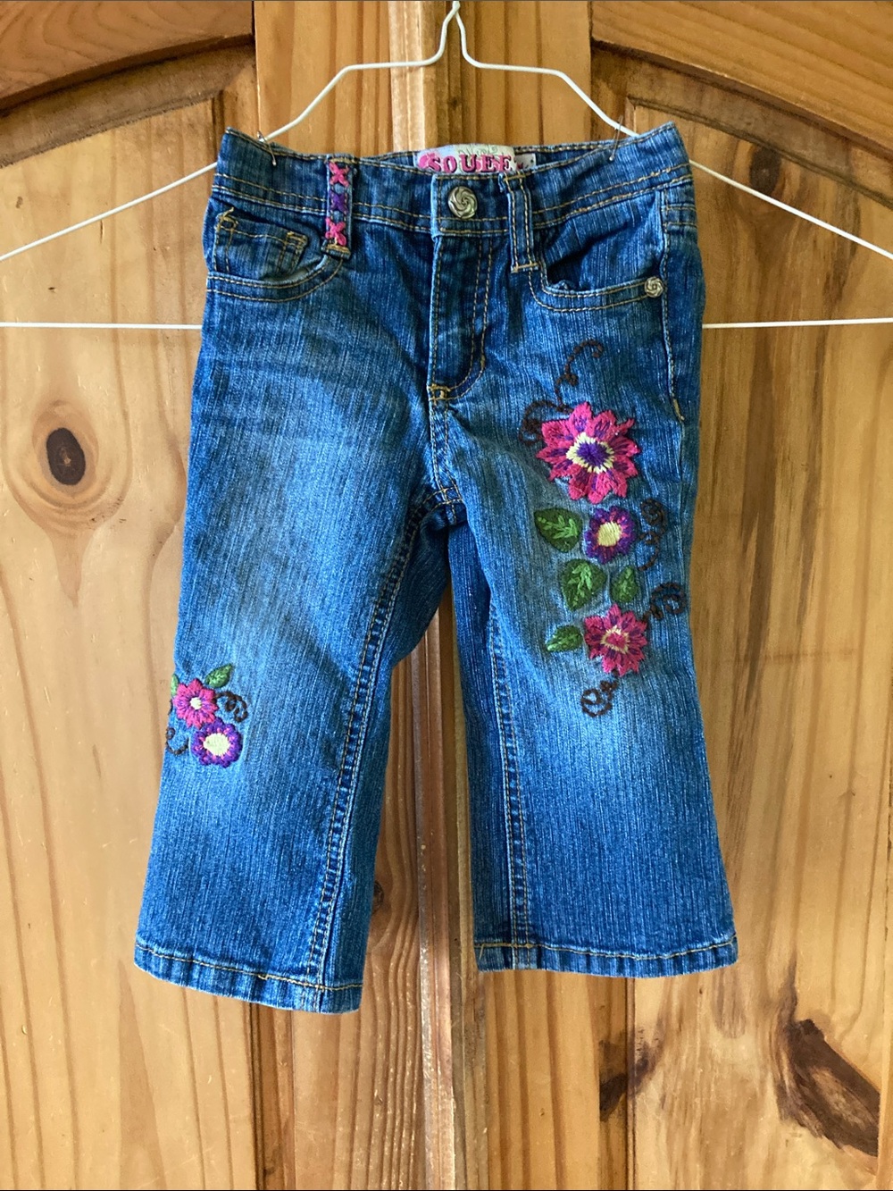 Girls Squeeze blue pink embroidered flowers jeans size 12 months